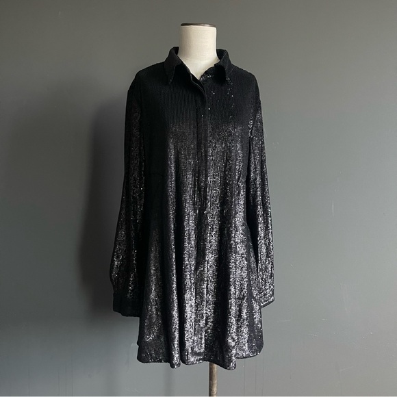Donna Karan New York Black Sequin Shirt Dress Long Sleeve Oversized